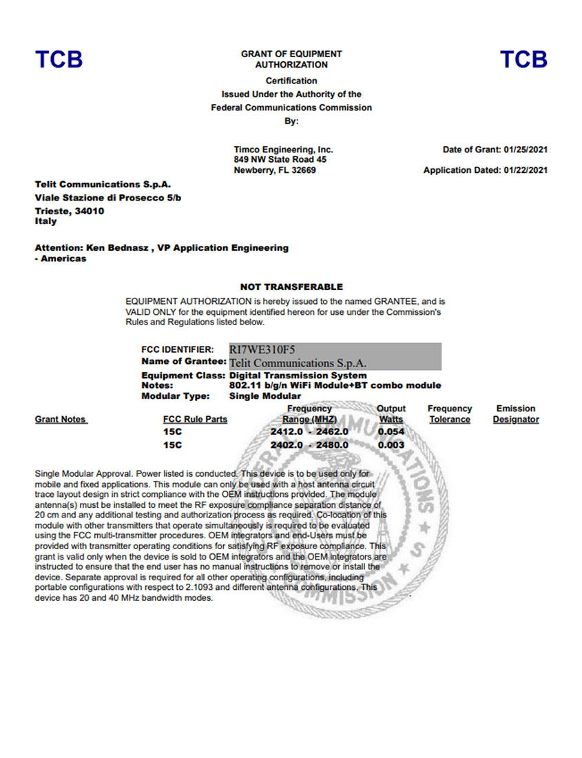 FCC Wireless Module Certificate