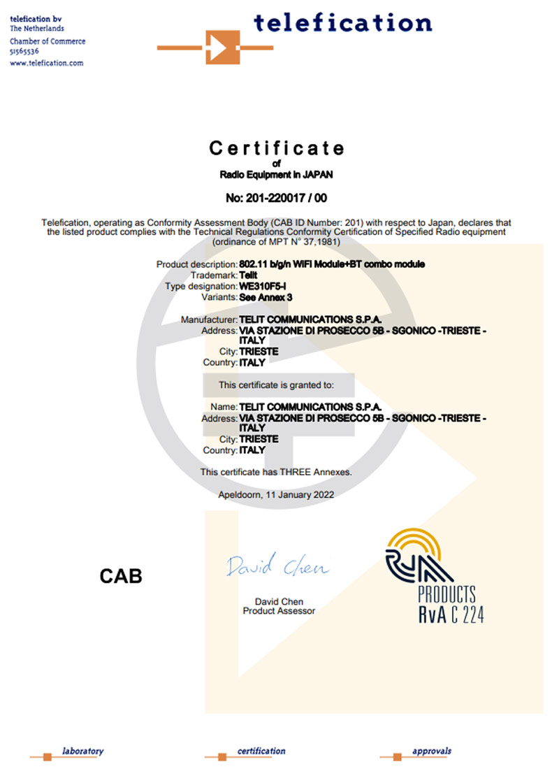 TELEC Wireless Module Certificate (1)
