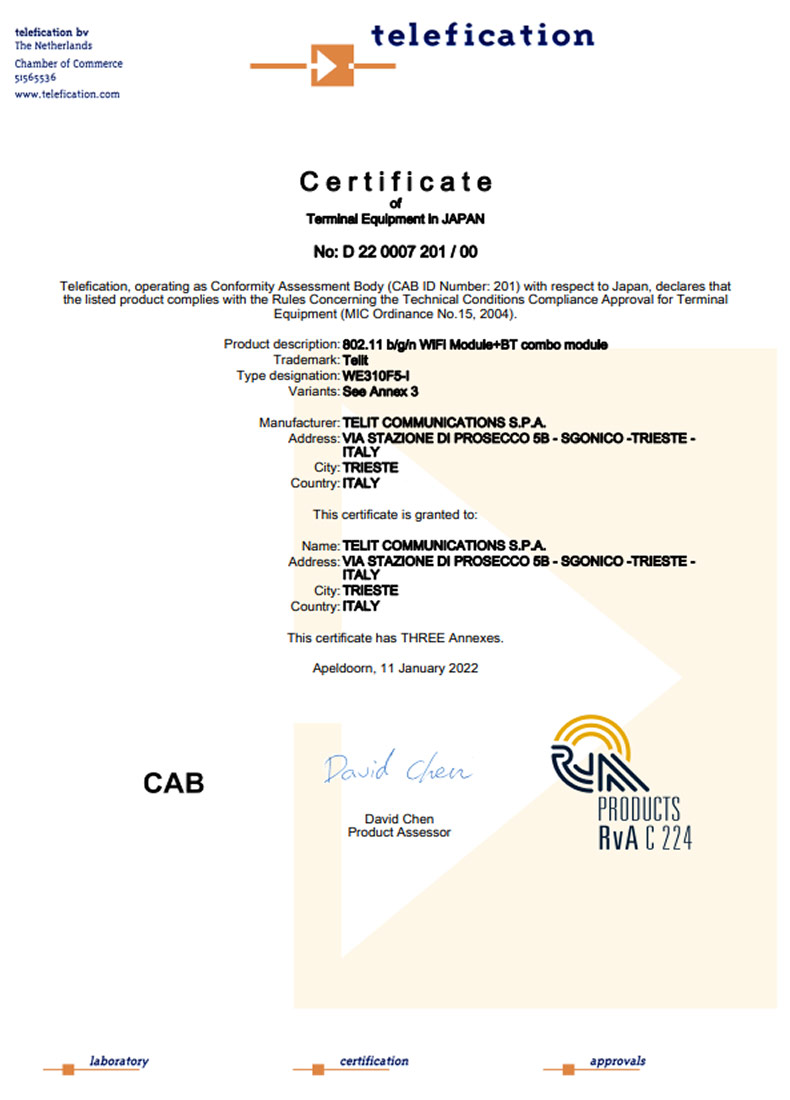 TELEC Wireless Module Certificate (2)